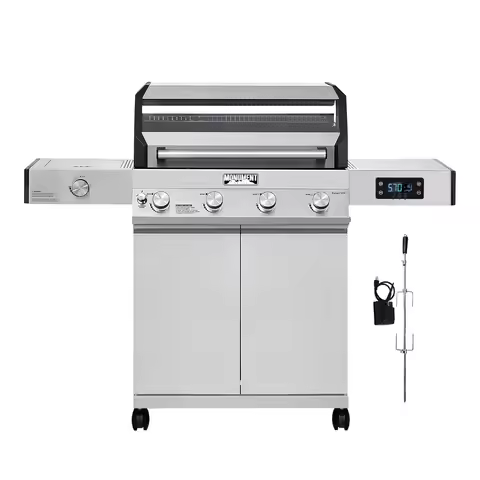 Denali 405 4-Burner Liquid Propane Gas Smart bbq Grill Stainless Steel with Rotisserie Kit(2 items),