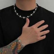 1 Set Vintage Embossed Eight-Pointed Star Chain Set, Shiny Silver Eight-Pointed Star Necklace And Br