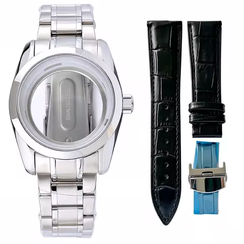 39mm Silver Watch Case Fit 33.5mm Dial Leather Leather Band No logo For Grand Seiko Heritage NH35 Au