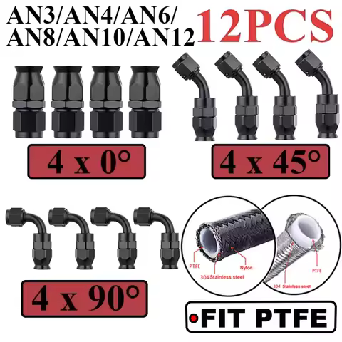 12Pcs Universal AN3 AN4 AN6 AN8 AN10 Straight 45 90 Degree Reusable Hose End Fittings Adapter For Sw