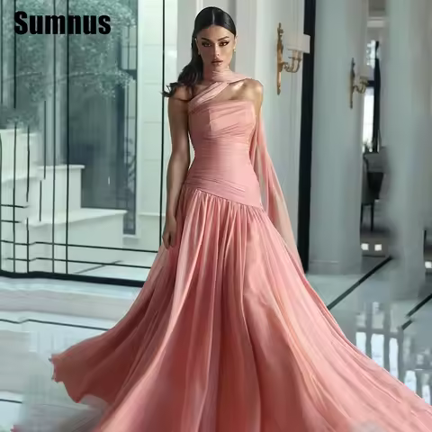 Sumnus Pink Elegant A-Line Prom Dresses Chiffon Ruched Ruffle Strapless Evening Dress Floor-Length V