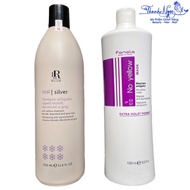 Combo of anti-yellowing purple shampoo and purple conditioner for bleached hair care Fanola No Yello