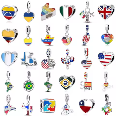 Shiny Zircon Nation Flag Series Charms Brazil Spain USA UK Italy Pendant Bead Fit Original Bracelet 