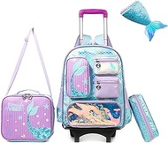 Rolling Backpack For Girls Elementary School Kids Rolling Backpack with Lunch Bag Multifunction Mermaid with Wheels