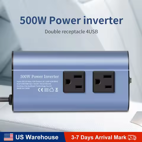 500W Double receptacle 4USB Modified Frequency Inverter DC12V To AC 110V Ports Car Adapter Portable 