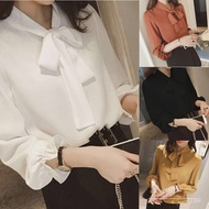🍄Ready Stock⚡Immediate🍄Baju Kemeja Perempuan Women's White Blouse Putih Labuh Korean-Style Plus Size Shirt Bow Princess Sleeves All-Match Chiffon Top Clothes Drawstring Shirt Women's Clothing Blause Wanita