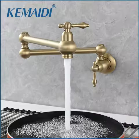 KEMAIDI Gold Pot Filler Faucet Wall Mount Folding Faucet 2 Handle with Double Joint Swing Arms Brass