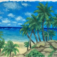 Palm Tree Island oil painting, beach landscape, nature art, sea illustration,