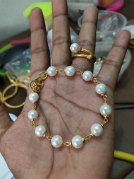 set perhiasan gelang dan cincin tinju mutiara shell putih lapis emas 24k