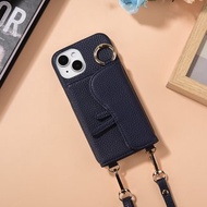 亞古奇 iPhone 14系列 馬鞍卡包手機皮套附美妝鏡及皮質背帶-湛藍