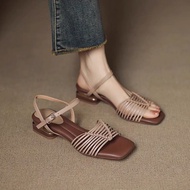 Stepping on Shit~Cowhide French Retro Woven French Sandals Women 0 Square Toe Square Root High Heels