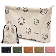 WLLWOO Makeup Bag-2pcs Smile Face Corduroy Cosmetic Bag Zipper Interior Waterproof Pencil Case Coin 