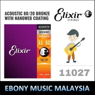 Elixir 11027 Nanoweb 80/20 Bronze Acoustic Guitar Strings, Custom Light, 11-52