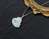 天然A貨緬甸玉花青玉彌勒佛-925純銀鈦鋼項鍊 避邪保平安 玉佛