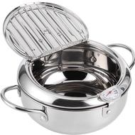 Stainless Steel Deep Frying Pan with Thermometer, Oil Drip Drainer and Lid,