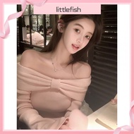 [Littlefish] Matte Pink Girl Bow Knot Shoulder Knitted Sweater Top