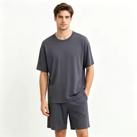 Modal Men's Summer Pajamas Set Loose Short Sleeve Sleepwear Comfortable Solid Color Two Piece Lounge