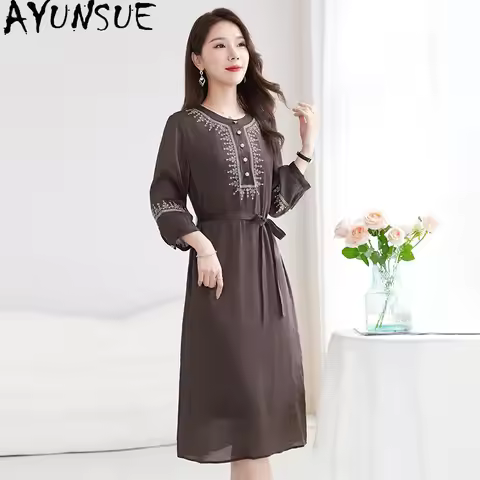 AYUNSUE 27.6% Mulberry Silk and Linen Blend Woman Dresses Embroidered Lace-up Summer Dress Women Wom