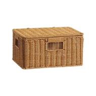 Woven Rattan Desktop Organizer Box with Lid Stackable Storage Box for Office Bedroom Living Room