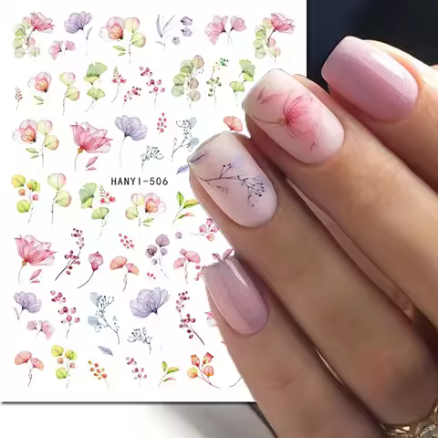 3d Nail Art Decals Watercolor Florals Purple Green Pink Flowers Leafs Fruit Adhesive Sliders Nail St