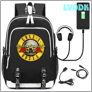 LVODK Guns N' Roses Nas Skull Head Backpack Bag w/ USB Fashion Port and Lock /Headphone Travel School Students Bag PBKER