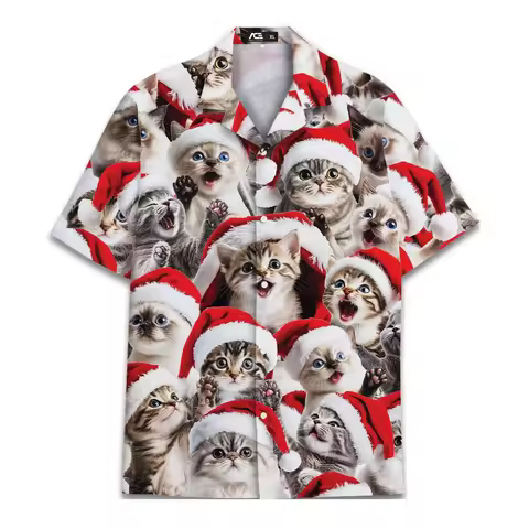 Christmas Hat Animal Graphic Blouse Santa Hawaiian Shirt Men Women Youth, Funny Raccoon Cat Shirts H