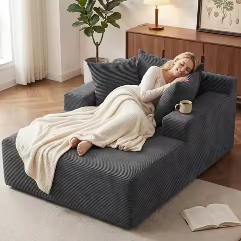 66" Chaise Lounge Chair Indoor, Oversized Boneless Lounge Chair with 3 Pillows, Corduroy Cloud Readi