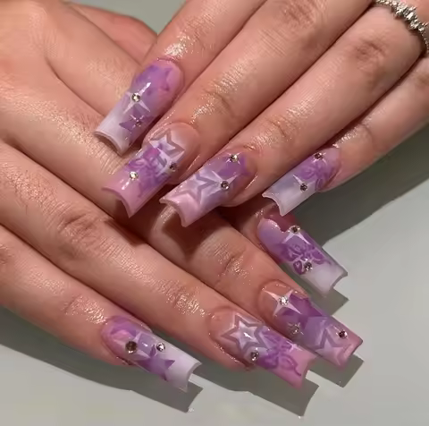 24Pcs Purple Y2K Press on Nails Star Diamond Designs Full Cover Fake Nails Long Coffin Acrylic False