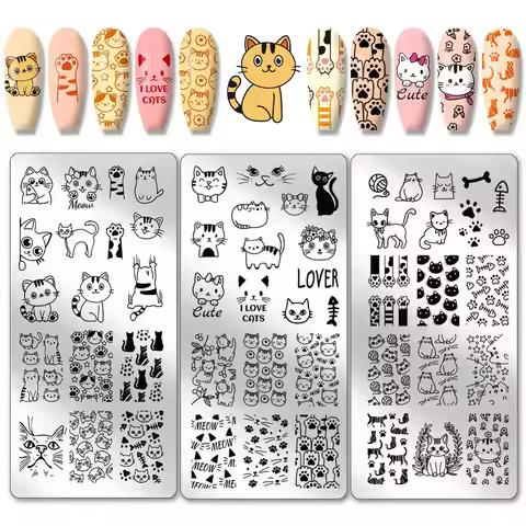 3pcs Cute Cat Nail Stamping Plates Lovely Cat Nail Art Templates Animal Cat's Paw Fishbone Nail Art