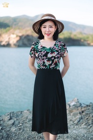 Đầm form A - Cổ sóng nước tay búp - Đen hoa - TTV Store thời trang nữ TTV1869
