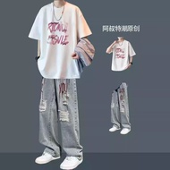 Summer Short-Sleeved Top T-Shirt Half-Sleeved Pure Cotton T686+K81 Jeans Suit S-3XL