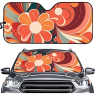 Hippie Wavy Line Flower Print Orange Windshield Sunshade for Car Truck SUV Universal Fit Foldable Fu