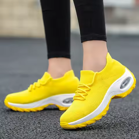 Yellow Mesh Platform Sneakers Thick Sole Breathable Casual Shoes Women Sneakers Knitting Socks Sneak