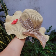 Mũ cói ( Nón cói) vành rộng viền bèo phối nơ vải bố xinh xắn NC01