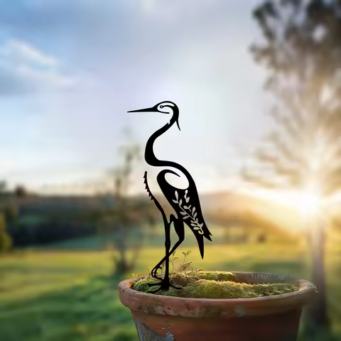 1pc Garden Decor Iron White Egret Bird Silhouette, Outdoor Metal Bird Sculpture Ground Stake Rustic 