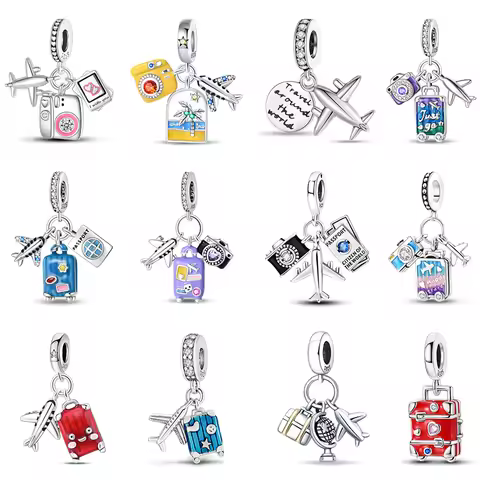 Fit Pandach 925 Original Bracelets 925 Silver Color Luggage Passport Global Air Travel Charms Beads