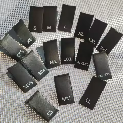 50pcs Black satin Size label for Clothing Loop Fold XXS XS S M L XL XXL 3XL Print size labels