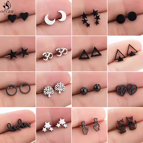 Mini Stainless Steel Earrings For Women Men Punk Black Geometric Star Moon Triangle Heart Stud Earin
