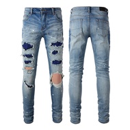 2023 กางเกงยีนส์ AMIRI Mens Slim Edition สไตล์แพทช์บุคลิกภาพ Paint Graffiti Style High Street Denim 