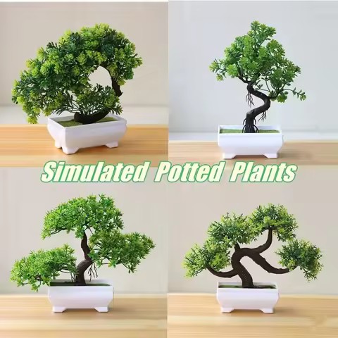 4Pcs Artificial Bonsai Tree, Fake Potted Plants, Small Plastic Green Trees for Home Office Decor, Gi