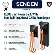 Power Bank 10000mAh SENDEM P03 | 3C Certified Safety | PD20W & 22.5W SuperCharge | Dual Cable Built-