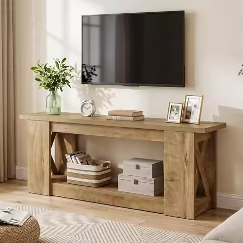 63in Rustic Farmhouse TV Stand 2-Tier Open Storage Fits 55/60/65/70in TVs, Customized