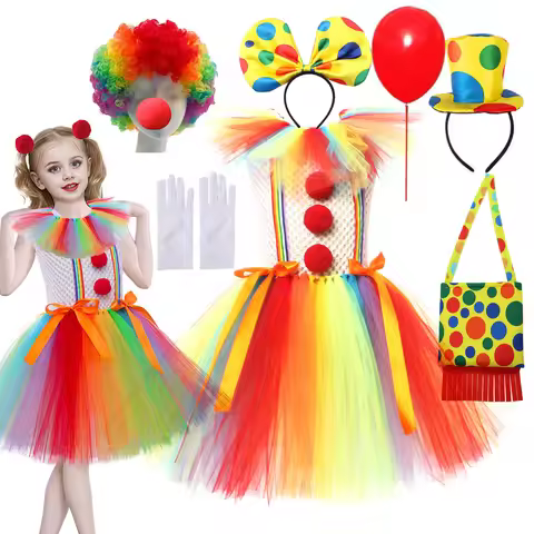 Rainbow Clown Costumes for Girls Circus Clown Halloween Tutu Dress for Kids Joker Outfit Children Pa
