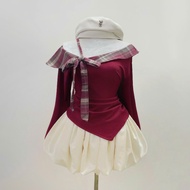 Set Big Size Women's Off-Shoulder Bow T-shirt with Secret Skirt (with protection) Young Lady - SET(A