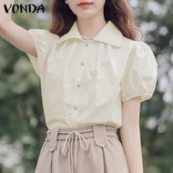 เสื้อร่องกระดุมเสื้อแขนพองใหม่สำหรับผู้หญิง VONDA (ลำลองเกาหลี) สำหรับฤดูร้อน