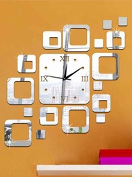18入組靜音方形鏡面時鐘,適用於客廳,diy亞克力牆面裝飾