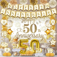 50th Wedding Anniversary Decorations White Gold Happy 50th Anniversary Banner Backdrop Honeycomb Cen