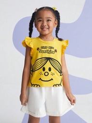 Mr Men Little Miss X SHEIN 少女卡通與字母圖形荷葉紋袖口t恤