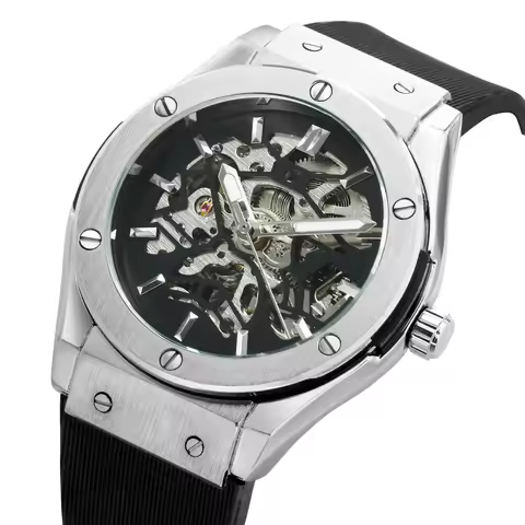 WINNER Sports Automatic Mechanical Watch for Men Fashion Rubber Strap Military Silver Skeleton Watch