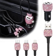 USB Car Charger Pink Crystal Diamond 5V 2.1A Dual Port Fast Charging Adapter 3 in 1 Charging Cable f